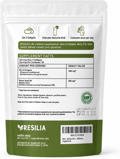 Resilia Softgels with Black Seed Oil – Premium Grade Oregano Oil Capsules for Immune & Digestive Support (60 Count)