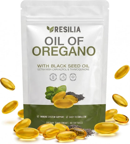 Resilia Softgels with Black Seed Oil – Premium Grade Oregano Oil Capsules for Immune & Digestive Support (60 Count)