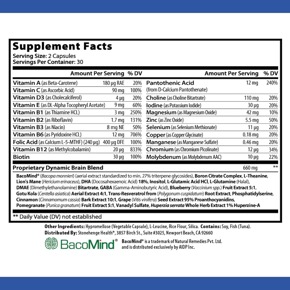 Stonehenge Health Dynamic Brain 300mg BacoMind – 60 Capsules Dietary Supplement