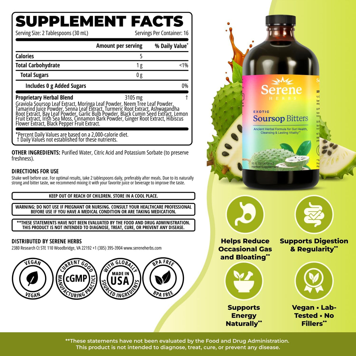 Serene Herbs Soursop Bitters Liquid with Soursop Leaves for Gut Cleanse, Detox & Immune Boost with Black Seed, Moringa, Irish Moss, Ashwaganda, Turmeric, 16 fl oz (16 Fl, Soursop)