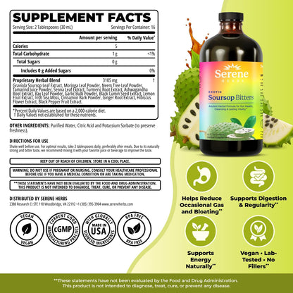 Serene Herbs Soursop Bitters Liquid with Soursop Leaves for Gut Cleanse, Detox & Immune Boost with Black Seed, Moringa, Irish Moss, Ashwaganda, Turmeric, 16 fl oz (16 Fl, Soursop)