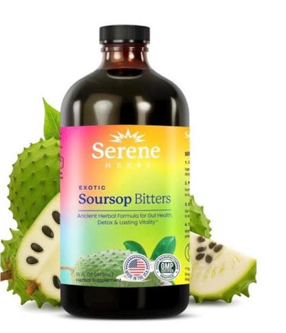 Serene Herbs Soursop Bitters Liquid with Soursop Leaves for Gut Cleanse, Detox & Immune Boost with Black Seed, Moringa, Irish Moss, Ashwaganda, Turmeric, 16 fl oz (16 Fl, Soursop)